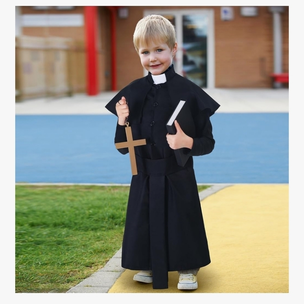 Children's Black Priest Costume with Gold Cross - Picture 3 of 16